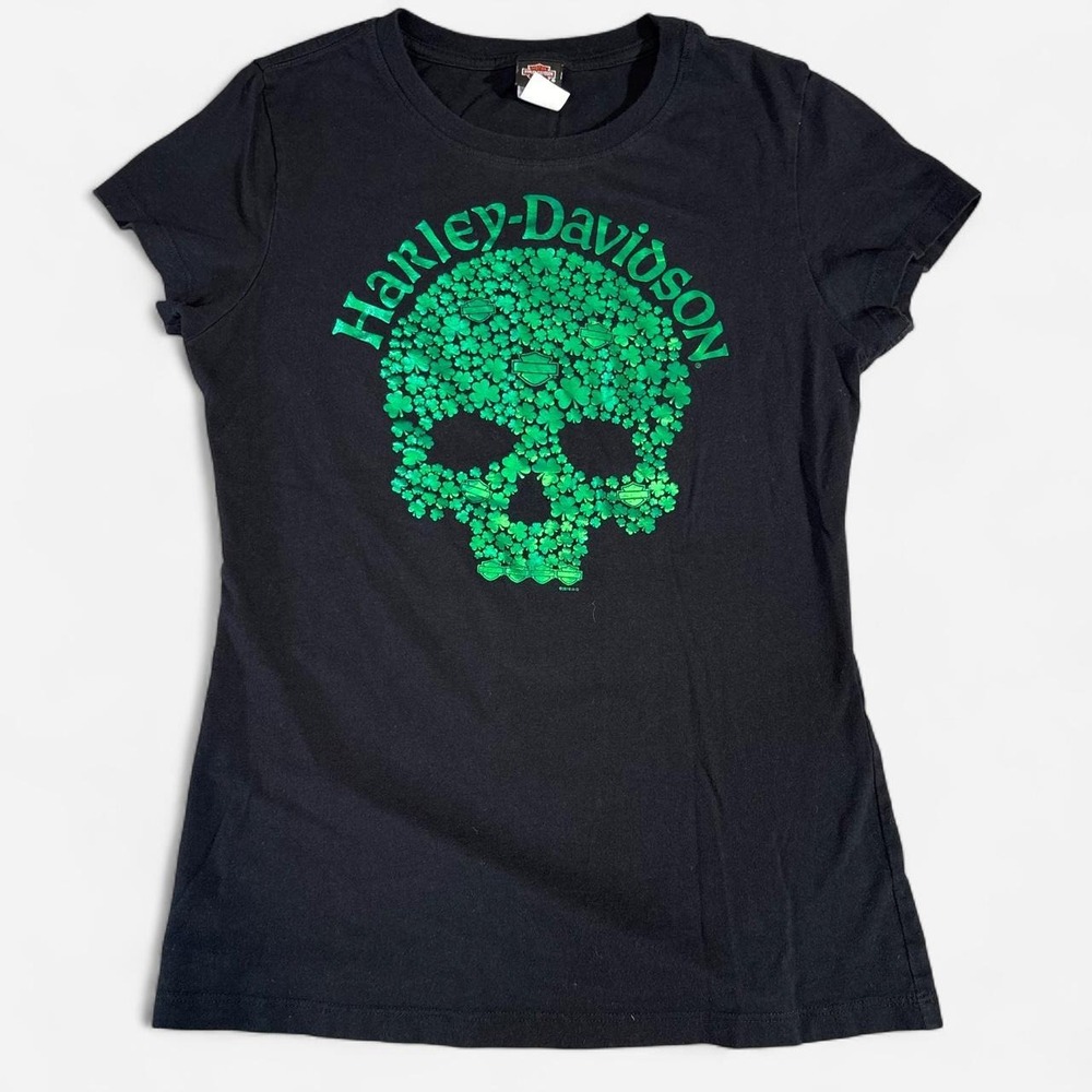 Harley Davidson Womens Medium Short Sleeve T Shirt Four Leaf Clovers Skull